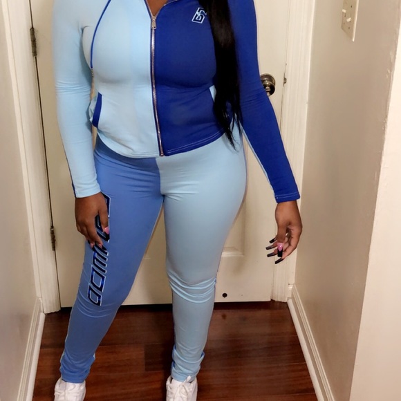 GSUWOO Blue color block zip hoodie set - Picture 3 of 9